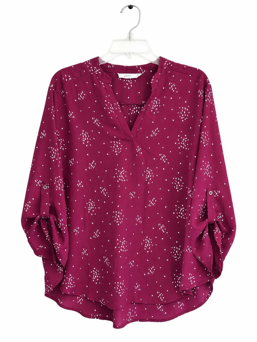 LUSH Womens XXL Berry Cream Print Roll Tab Sleeve V Neck Blouse Tunic
